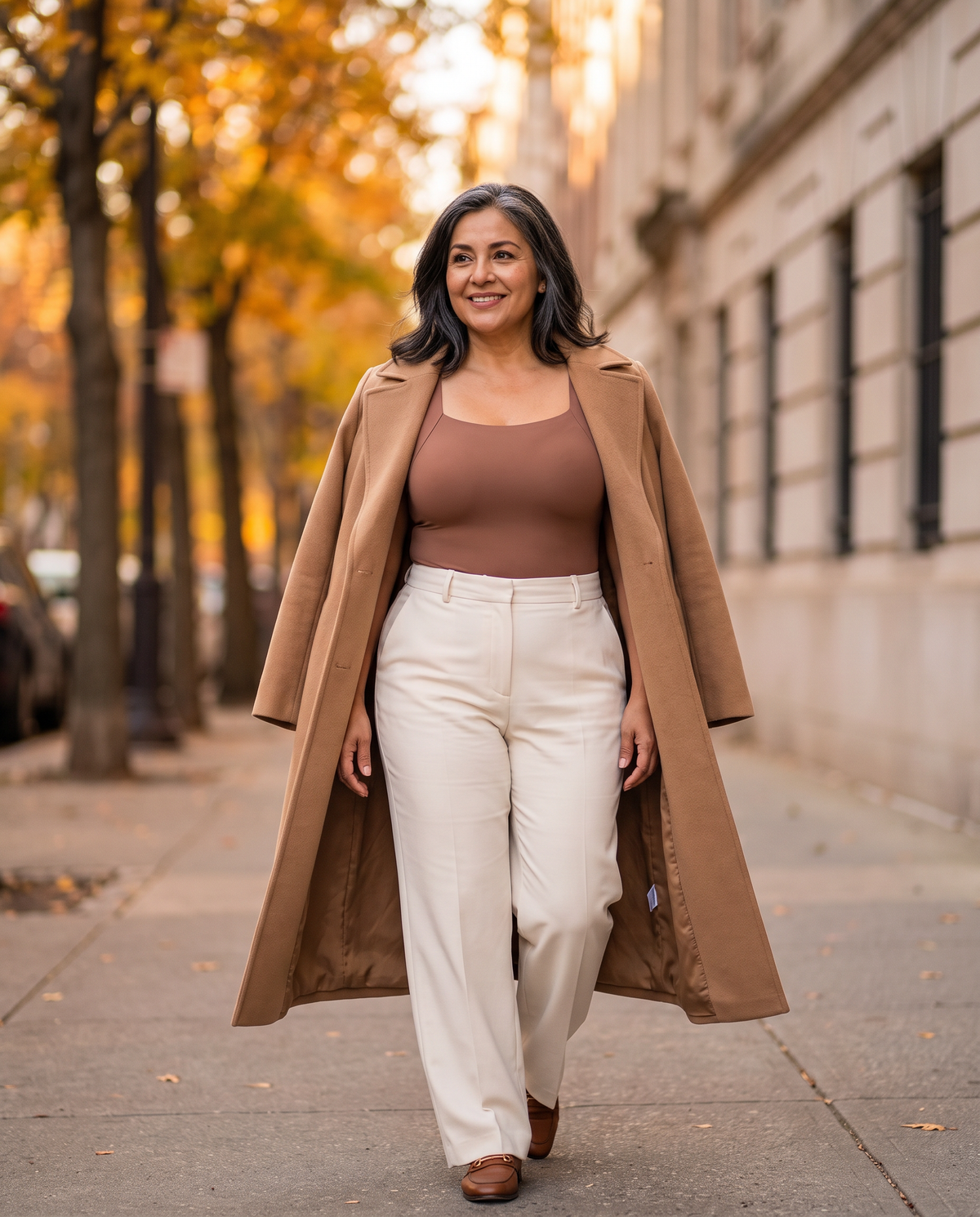 Sabelune built-in bra tank in Chocolate, worn with a camel coat